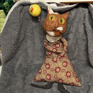CAT LOVERS!  Handcrafted Paper Mache Cat Figurine with Fabric Floral Dress